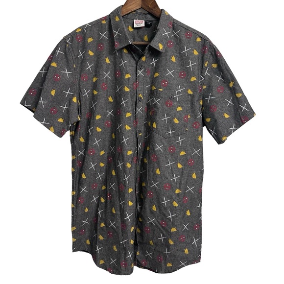 Marvel Deadpool Gray Short Sleeve Button Down Shirt All Over Print Men’s Large - Picture 1 of 7